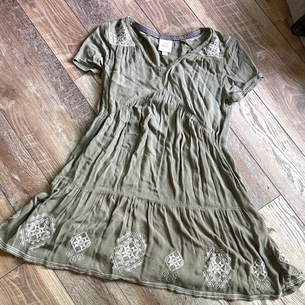 Olive Green Dress with Embroidered Details